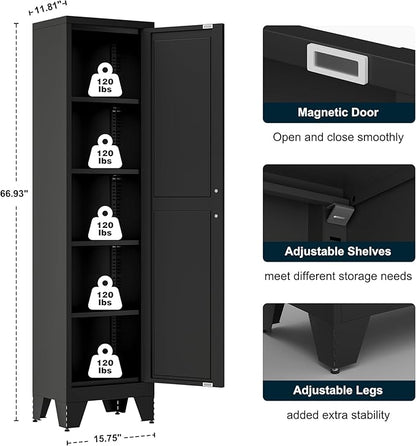 67" Tall Narrow Bathroom Metal Storage Cabinet with 4 Adjustable Shelves, Freestanding 5 Tier Slim Pantry Storage Cabinet for Small Space, Black