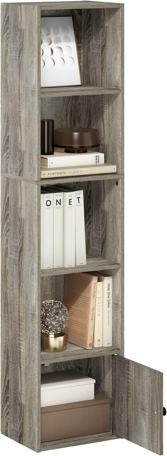 Furinno LUDER Book Shelf, 5-Tier Modern Bookshelf, Bookcase with 1 Door Storage Cabinet, 9.3 x 12 x 52, for Living Room, Bedroom, Home Office, French Oak