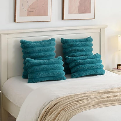 FUTEI Teal Decorative Throw Pillow Covers 18x18 Inch Set of 2, Square Soft Faux Rabbit Fur Thick Striped Cushion Cover,Winter Home Decor for Couch Bed Living Room