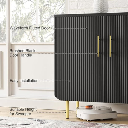 Modern Fluted Black Storage Cabinet with 3 Doors, Adjustable Shelves, and Metal Legs, Accent Buffet Sideboard for Living Room, Dining Room, Entryway (Black & Gold)