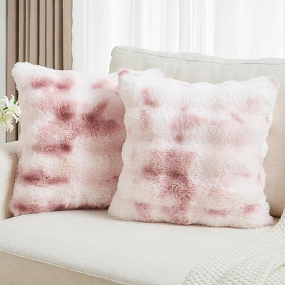 FUTEI Pink White Decorative Throw Pillow Covers 18x18 Inch Set of 2,Soft Fuzzy Faux Rabbit Fur Cushion Covers with Raised Texture,Neutral Boho Home Decor for Couch Bed Living Room