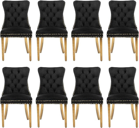 Velvet Upholstered Dining Chairs Set of 8, Modern Style Kitchen Side Chairs with Nailhead Trim and Gold Plated Leg, Metal Pulling Ring for Dining Room Living Room(Black)