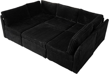 130'' Modern Modular Sectional Sofa with Movable Ottoman,5 Seats Cloud Comfort Corduroy Fluffy Couch,L Shaped Convertible Sofa Couch for Living Room,Black