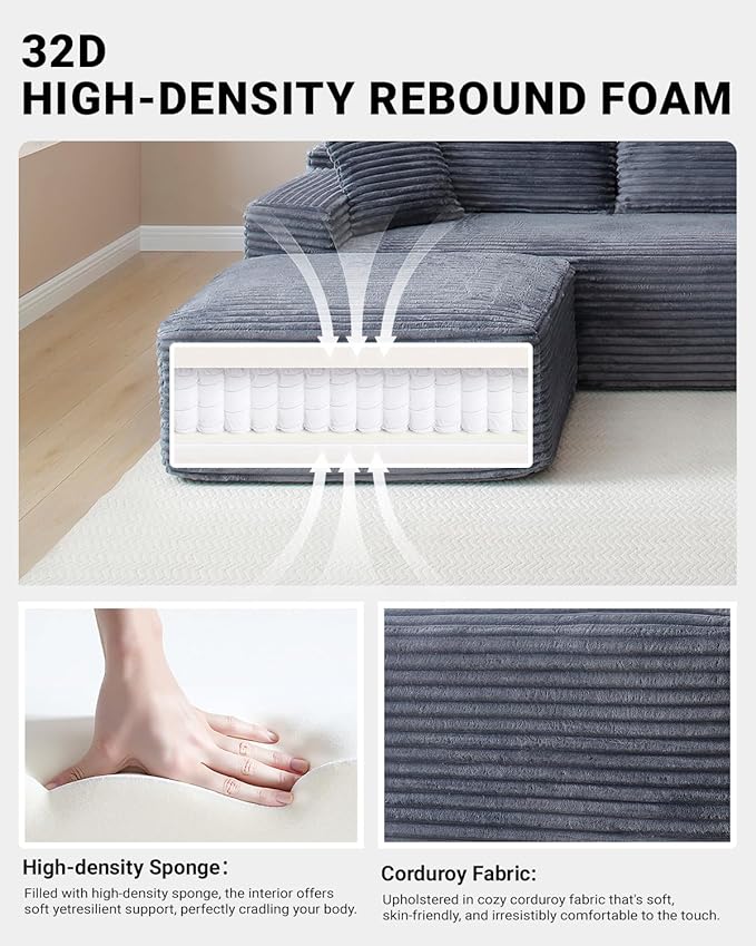 95 Inch Cloud Sectional Couch,Modular Sectional Sofa with Deep Seat,Modern Corduroy Boneless Couches with L-Shape Chaise for Living Room Bedroom,No Assembly Required (Grey, Left Facing Chaise)