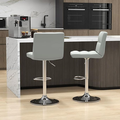 COSTWAY Bar Stool, Modern Swivel Adjustable Height PU Leather Barstools with Back, Square Armless Counter Height Bar Chair for Kitchen Island Dining Living Bistro Pub Counter, Grey
