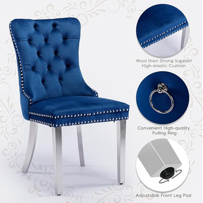 Velvet Upholstered Dining Chairs Set of 2, Modern Style Kitchen Side Chairs with Nailhead Trim and Silver Plated Leg, Metal Pulling Ring for Dining Room Living Room(Blue-Silver Plated Leg)