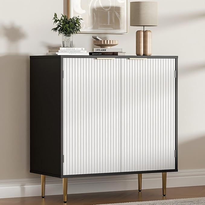 Buffet Sideboard Cabinet with 2 Doors, Modern Kitchen Cabinet with Golden Handles & Legs, Adjustable Shelf, Accent Coffee Bar Storage Sideboard for Kitchen, Living Room, Black & White
