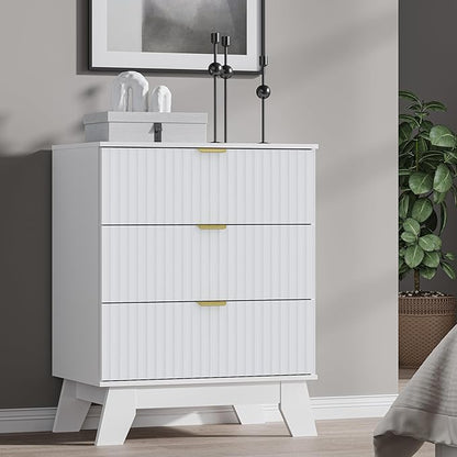 Fluted 3 Drawer Dresser, 30.3" Tall Compact Modern Boho Chest of Drawers, Wooden Storage Cabinet for Bedroom, Living Room, Entryway, Curved Profile Design