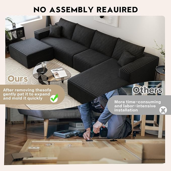 135.4" Cloud Sectional Couch with 1 Ottoman,Modern Modular Sofa with Deep Seat, Comfort U Shaped Sofa Couches for Living Room Bedroom Apartments,No Assembly Required, (Black,Right Facing Chaise)