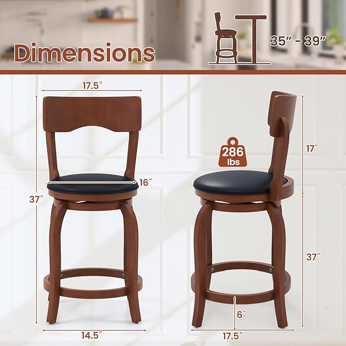 COSTWAY Bar Stools Set of 4, 24 Inch Swivel Counter Height Chairs with Rubber Wood Frame, Upholstered Seat, High Back Barstools for Kitchen Island, Home Bar, Pub, Brown (4, Seat Height: 24”)