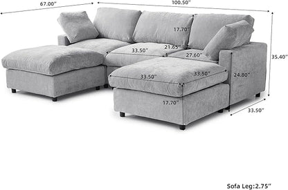 WJShome 100 Inch U Shaped Modern Sofa Modular Sectional Cloud Couch with 2 Ottoman, 4-Seat Chenille Deep Seat Couches for Living Room, Bedroom and Apartment，Gray