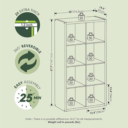 Furinno Cubicle Book Shelf, 8-Cube Thick Frame Bookshelf, Horizontally & Vertically Reversible Bookcase with Open Back, 14.6" x 30" x 57.9", for Living Room, Bedroom, Home Office, Sage Green