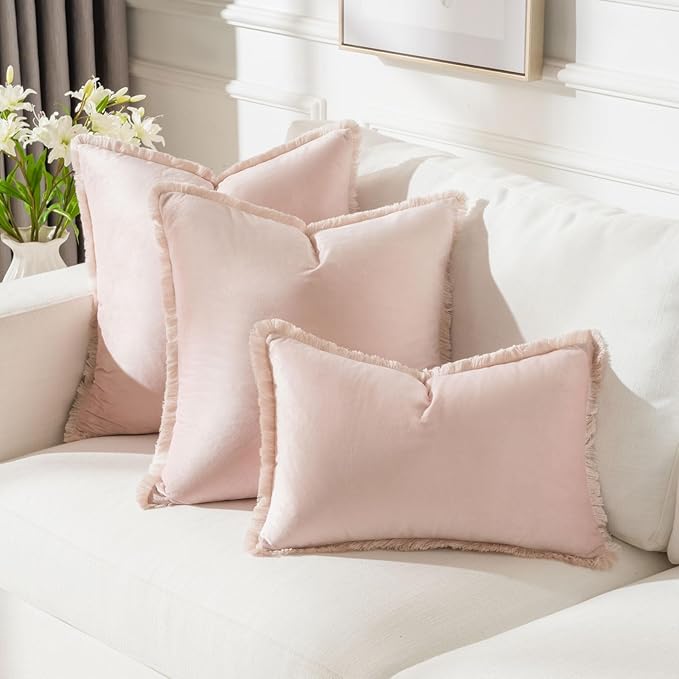 FUTEI Pink Velvet Decorative Throw Pillow Covers 24x24 Set of 2,Soft Cozy Edge with Tassels European Cushion Case,Boho Modern Home Decor for Couch Bed Living Room