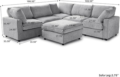 WJShome Modern V Shaped Sectional Couches for Living Room,100 Inch 5-Seater Chenille Deep Seat Modular Sofa with Ottoman, Cloud Couch for Bedroom and Apartment，Gray