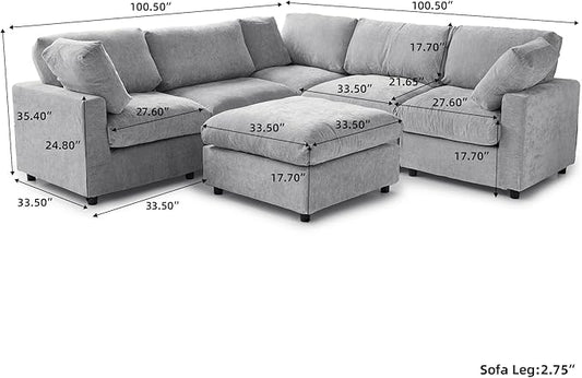 WJShome Modern V Shaped Sectional Couches for Living Room,100 Inch 5-Seater Chenille Deep Seat Modular Sofa with Ottoman, Cloud Couch for Bedroom and Apartment，Gray