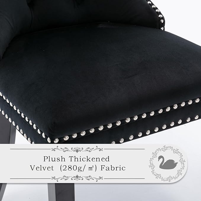 Velvet Upholstered Dining Chairs Set of 4, Modern Style Kitchen Side Chairs with Nailhead Trim and Wood Legs,Metal Pulling Ring for Dining Room Living Room(Black,Set of 4)