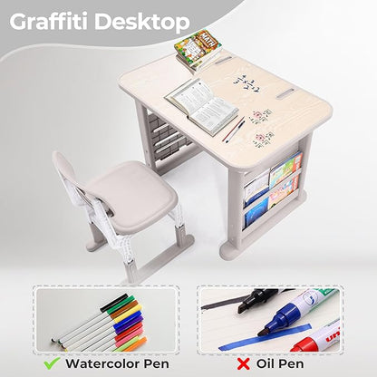 Kids Desk and Chair Set, Multi-Activity Children Study Table and Chair Set with Bookshelf for Home/Classrom, Height Adjustable, Graffiti Desktop, Removable Storage Rack for Toddler Ages 3-12