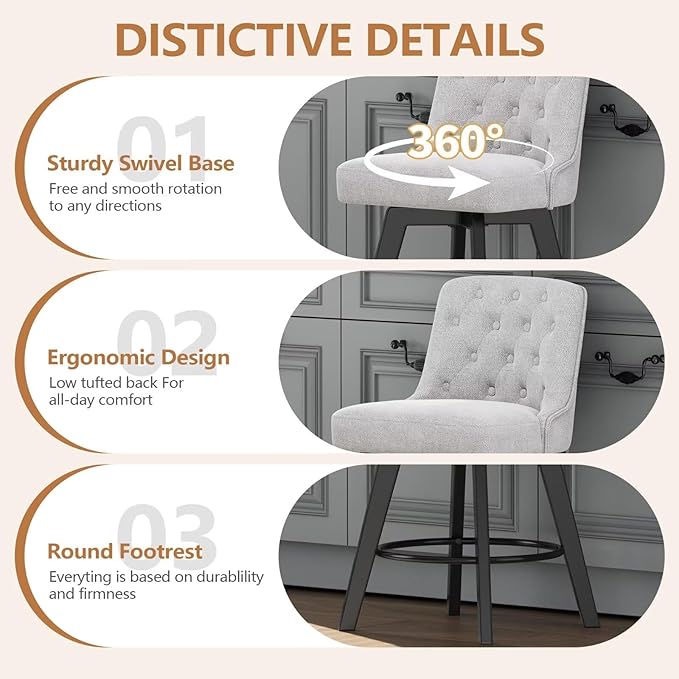 MINCETA Bar Stool, 30 Inch Upholstered Barstool with Low Tufted Back and Footrest, Swivel Counter Height Barstool for Kitchen Island Home Bar Performance Fabric Greige
