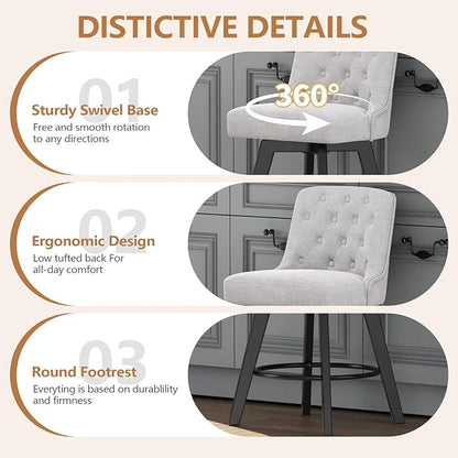 MINCETA Bar Stools Set of 2, 26 Inch Upholstered Barstools with Low Tufted Back and Footrest, Swivel Counter Height Barstools for Kitchen Island Home Bar Performance Fabric Greige