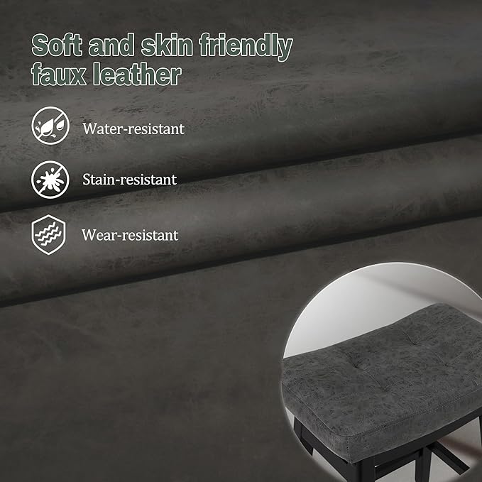 Counter Height Bar Stools Set of 2 for Kitchen Counter Farmhouse Modern Barstools with Faux Leather Upholstered Backless Seat and Solid Wood Legs 24 inch Bar Chairs, Grey + Black