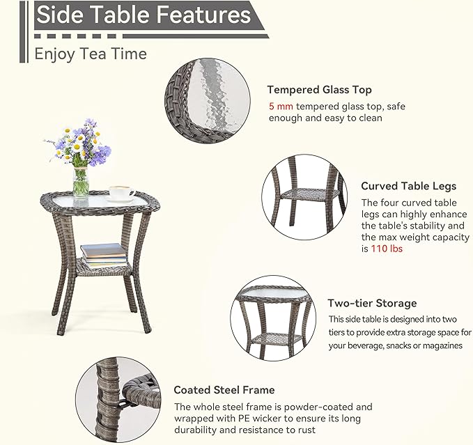 6 Pieces Outdoor Furniture Set - Patio Wicker Swivel Rocker Chair Set of 4 and 2 Side Table, Green, Mixed Brown Rattan, Suitable for Porch, Yard