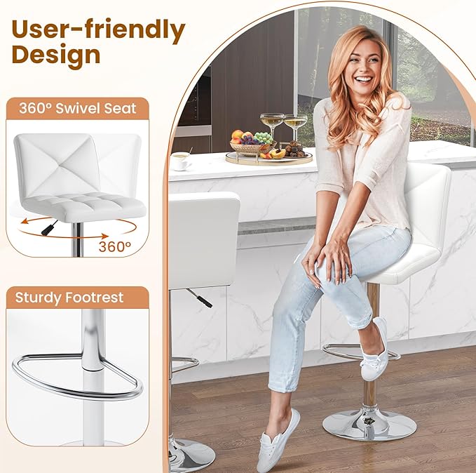 COSTWAY Bar Stools Set of 2, Modern PU Leather Swivel Bar Chairs, Height Adjustable Upholstered Barstools with Premium Gas Rod, Sturdy Footrest, Round Base, for Kitchen, Dining Room, Office,White