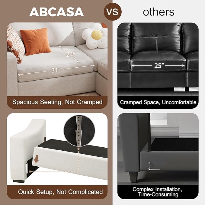 ABCASA U Shaped Sectional Sofa with Detachable Cover, Modular Couch for Living Room, Breathable Linen Fabric Corner Couch with 9 Seats, Ivory
