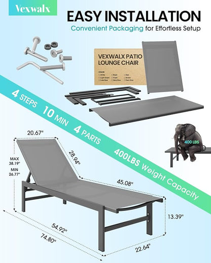 Outdoor Lounge Chairs Set of 2 for Pool, Aluminum Chaise Lounge Chairs with 5-Position Recliner, Patio Lounge Chair for Backyard, Poolside, Deck, Lawn, Dark Gray
