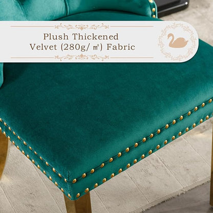 Velvet Upholstered Dining Chairs Set of 6, Modern Style Kitchen Side Chairs with Nailhead Trim and Gold Plated Leg, Metal Pulling Ring for Dining Room Living Room(Green,Set of 6)