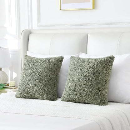 FUTEI Sage Green Throw Pillow Covers 22x22 Inch Set of 2,Furry Faux Fur Teddy Boucle Textured Cushion Covers,Soft Fluffy Decorative Pillow Case,Home Decor for Couch Bed Living Room Office Car