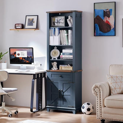 72in Tall Bookshelf 7 Tier Bookcase with Drawer and Barn Doors and Adjustable Shelves, Blue Farmhouse Book Shelf with Storage Cabinet, Wood Freestanding Display Bookshelves for Kitchen (2PCS)