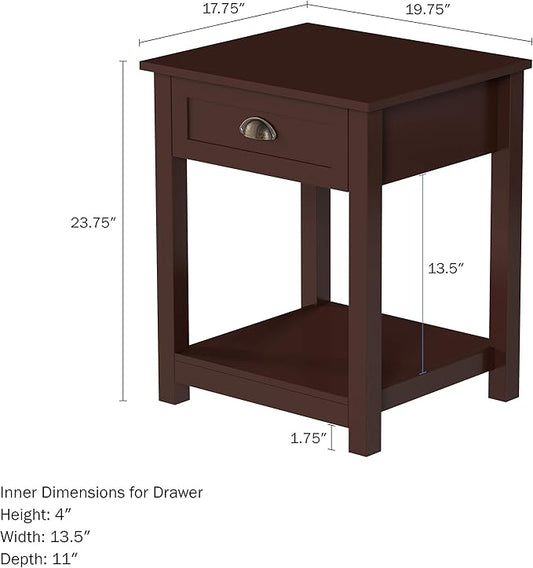 Side Table - Wooden Night Stand with Drawer and Open Storage Shelf - Shaker Style Bedroom or Living Room Furniture - Use as Bedside or End Table by Lavish Home (Brown)