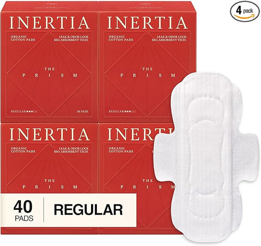 INERTIA The Prism Red – Truly Organic, Ultra Thin & Leak-Proof Korean Cotton Pads with Wings | Regular Absorbency | Hypoallergenic, Super Absorbent, Chlorine-Free & Fragrance-Free (40 Count)