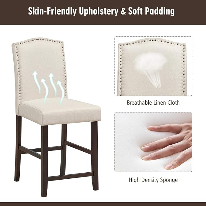COSTWAY Bar Stools Set of 2, 25'' Upholstered Counter Height Bar Stools with S-Shaped Spring Thick Cushion, Rubber Wood Legs, High Back Leisure Chairs for Living, Kitchen, Dining Room (Beige, 2)