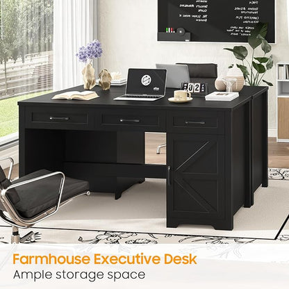 Farmhouse 59" Executive Desk,Computer Desk with 3 Drawers and Storage Cabinet,Workspace for Home Office and Study. Pure Black