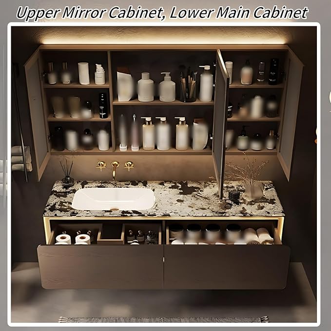 54IN Bathroom Vanity Set with a Single Sink - Embedded Sensor Light Strip & Large Capacity Floating Cabinet | Modern Bathroom Vanities with Defogging Mirror Surface & LED Lighting (Mirror)