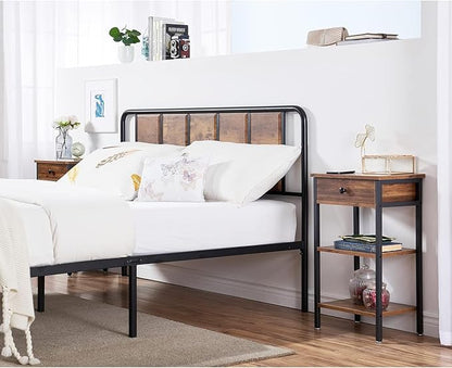VECELO Tall End Table with Adjustable Shelf Night Stand with Drawer for Small Spaces,Living Room Bedroom, Brown,Set of 2