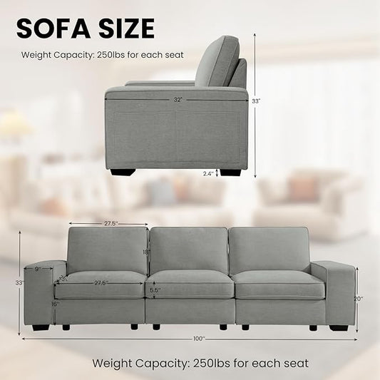 TEKAMON 100" Modular Sofa with Seats Storage, Comfy 3-Seater Chenille Fabric Couch for Living Room, Office, Apart W/Deep Seat, USB Charging, Upholstered Couch with Removable Cover(Light Grey)
