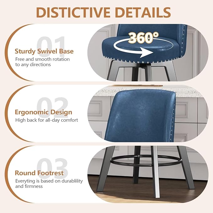MINCETA Bar Stools Set of 2, PU Leather Barstools, 26 Inch Upholstered Counter Stools with High Back and Footrest, Swivel Counter Height Barstools for Kitchen Island Home Bar Navy Blue