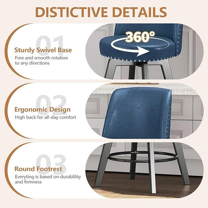 MINCETA Bar Stools Set of 2, PU Leather Barstools, 26 Inch Upholstered Counter Stools with High Back and Footrest, Swivel Counter Height Barstools for Kitchen Island Home Bar Navy Blue