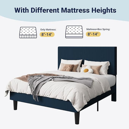 Allewie Queen Size Upholstered Bed Frame with Vertical Channel Tufted Headboard, Soft Corduroy Fabric Platform Bed, Strong Wooden Slats Support, Easy Assembly, No Box Spring Needed, Dark Blue