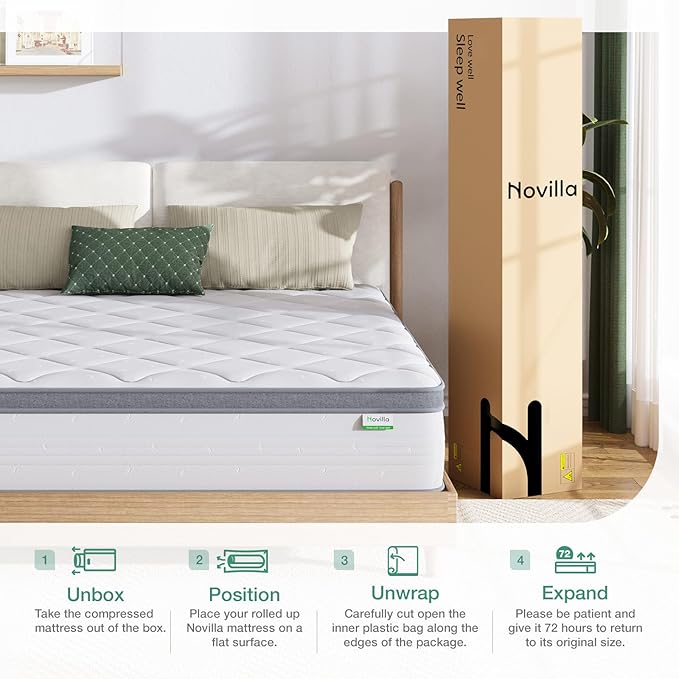 Novilla King Size Mattress, 10 Inch Hybrid King Mattress in a Box, Pocket Innerspring Hybrid Mattresses for Motion Isolation, Pressure Relief & Enhanced Edge Support, Medium Firm Feel