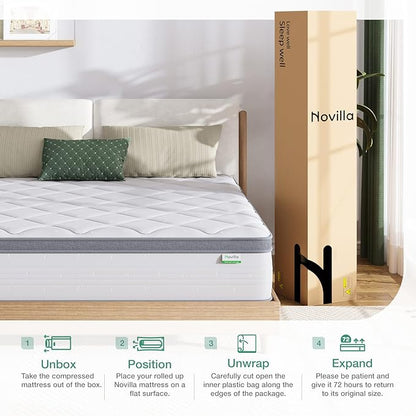 Novilla Queen Mattress, 12 Inch Hybrid Mattress Queen with Comfort Foam,Innerspring Pillow Top Mattresses in a Box, Pressure & Pain Relief, Soft Feel but Supportive