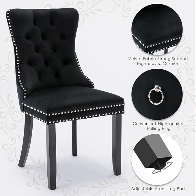 Velvet Upholstered Dining Chairs Set of 6, Modern Style Kitchen Side Chairs with Nailhead Trim and Wood Legs,Metal Pulling Ring for Dining Room Living Room(Black,Set of 6)