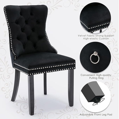 Velvet Upholstered Dining Chairs Set of 4, Modern Style Kitchen Side Chairs with Nailhead Trim and Wood Legs,Metal Pulling Ring for Dining Room Living Room(Black,Set of 4)