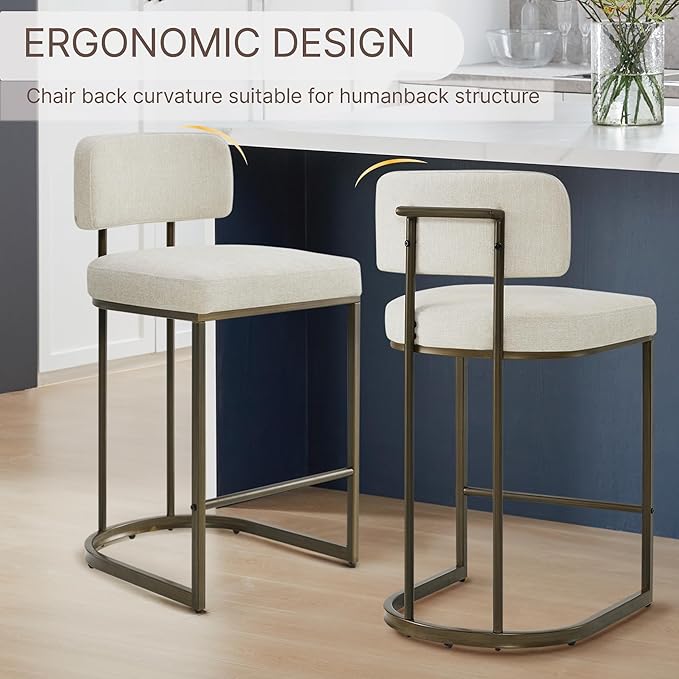 26" H Counter Height Bar Stools Set of 2, Modern Linen Fabric Upholstered Barstools with Backrest for Kitchen Island, Gold Metal Frames, Linen