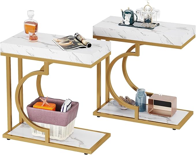 Tribesigns Narrow Side Table White Gold C Shaped End Table Modern Small Bedside Tables for Couch, Sofa Chairside Tables with Metal Frame for Living Room (2, White+Gold)