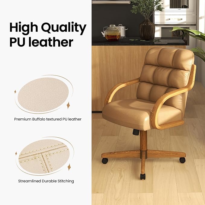 Chromcraft Douglas Set of 2 Classic Caster Swivel Tilt Dining Chairs Swivel Tilt Dining Chairs, Kitchen Chairs (Taupe-Chestnut)