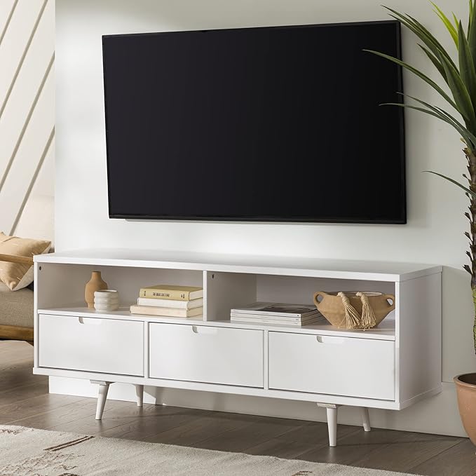 Walker Edison Millie Mid Century Modern 3 Drawer Solid Wood Low Stand for TVs up to 65 Inches, 58 Inch, White