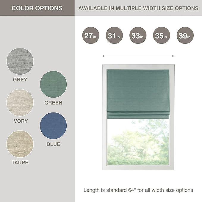 Madison Park Cordless Roman Shades Faux Silk Shade with Sheen 1-Panel Privacy, Room Darkening, Energy Efficient, Thermal Insulated Window Blind for Bedroom, Living Room Décor, 27"W x 64"L Como, Green